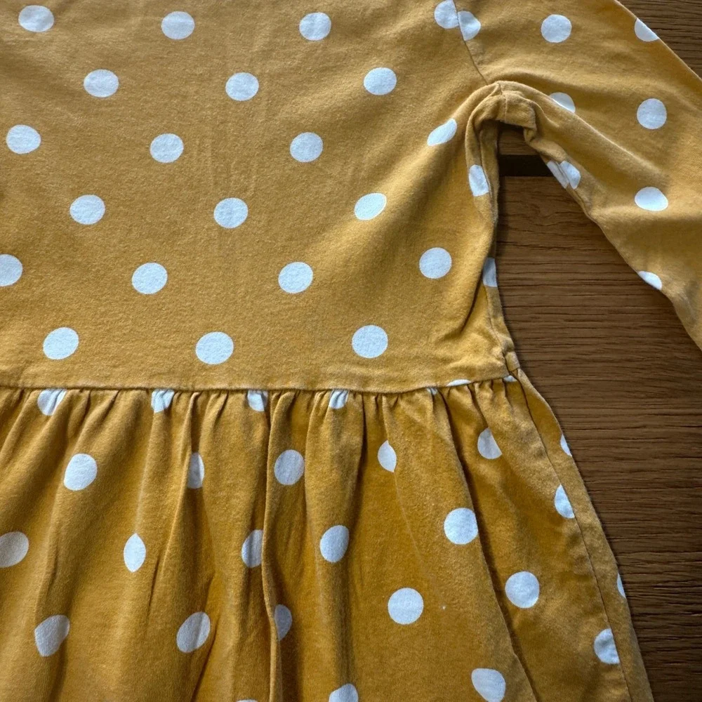 Carters Kid Girls Mustard Yellow White Polka Dot Long Sleeve Jersey Dress 6 6x